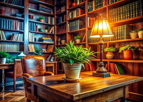 Cozy Library Study Desk with Potted Plant - AI Photo