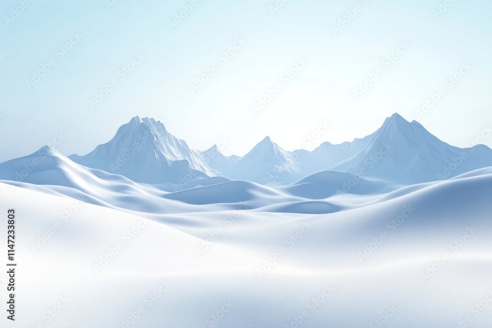 Serene snow-covered landscape with mountain range under a clear sky. Serene snow-covered landscape with mountain range under a clear sky.