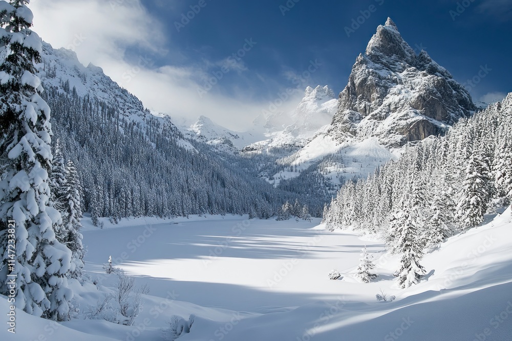 Majestic snow-capped mountain peak overlooking a serene, snow-covered valley and frozen lake. Majestic snow-capped mountain peak overlooking a serene, snow-covered valley and frozen lake.