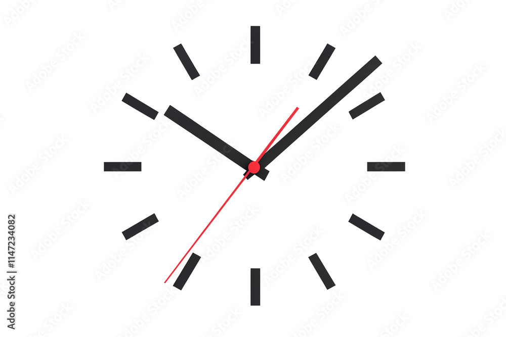 A minimalist clock with black and red elements, prominently displaying time with simple hour and minute hands. A minimalist clock with black and red elements, prominently displaying time with simple hour and minute hands.