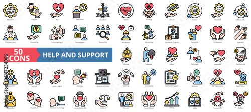 Help and support icon collection set. Containing assistance, service, aid, desk, guidance, relief, backing icon. Simple flat outline vector illustration