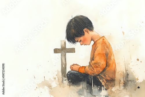 Child Praying at Cross, Watercolor Painting, Grief, Faith, Spirituality, Hope, Sadness, Loss,  Peace,  Consolation,  Serenity,  Memorial, Remembrance,  Devotion,  Quiet Reflection.