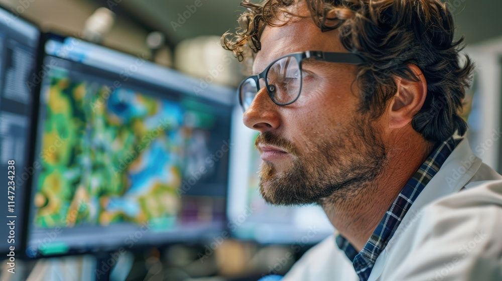 A scientist using AI software to simulate environmental impacts on a computer screen, demonstrating innovation in ecological research A scientist using AI software to simulate environmental impacts on a computer screen, demonstrating innovation in ecological research
