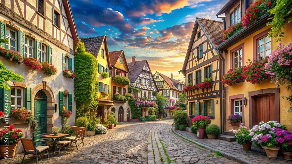Fototapeta premium European Village Street Scene - Charming Architecture, Photorealistic AI