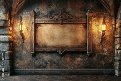 A rustic wall with a blank wooden sign and lanterns, suitable for announcements or decoration.
