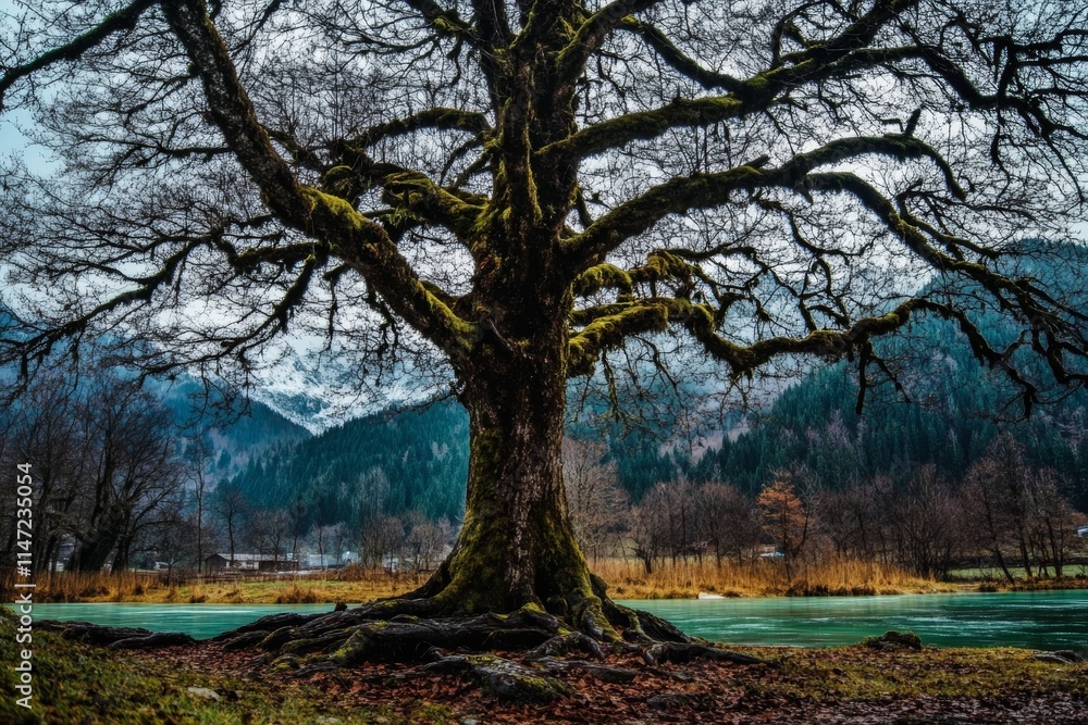 Fototapeta premium A majestic tree stands by a tranquil river, surrounded by mountains and nature's beauty.