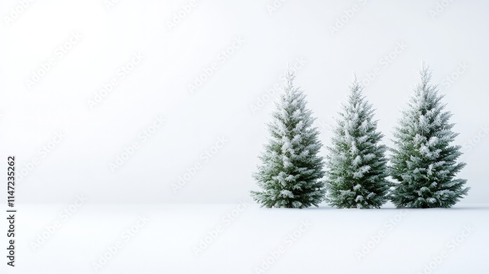 Obraz premium Three small pine trees covered in snow stand in a row on a clean white background with copy space.