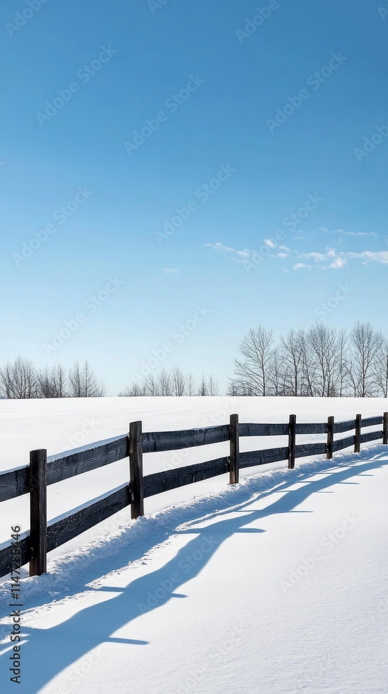 Naklejka premium Snow-covered field with wooden fence under a clear blue sky.