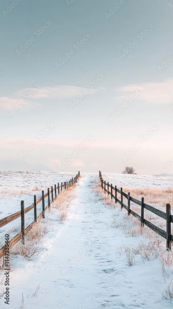 Obraz premium Snowy path between wooden fences vanishing into horizon.