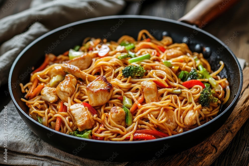 Delicious chicken stir-fry with noodles and mixed vegetables in a black pan. Delicious chicken stir-fry with noodles and mixed vegetables in a black pan.
