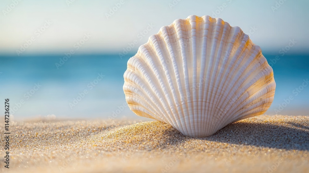 Single scallop shell on sandy beach, ocean background. Single scallop shell on sandy beach, ocean background.