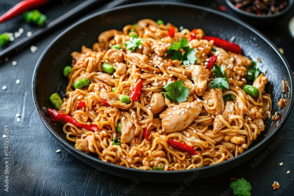 Delicious chicken stir-fry with noodles, peppers, and peas in a black pan. Delicious chicken stir-fry with noodles, peppers, and peas in a black pan.