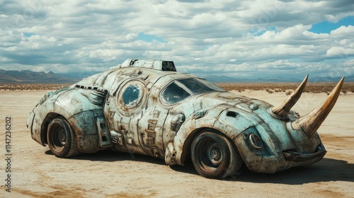 Futuristic, rhino-like vehicle in desert.