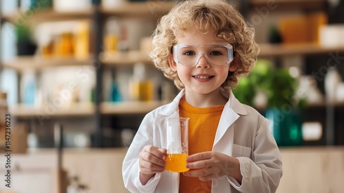 Curious and Inquisitive 5 Year Old Boy Wearing Scientist s Lab Coat and Safety Goggles Holding a Beaker with Colorful Liquid in a Bright and Well Equipped Laboratory Setting photo