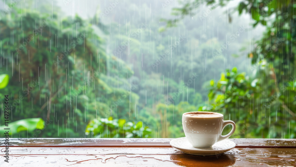 Cup of coffee on a wooden table with a misty rainforest view Cup of coffee on a wooden table with a misty rainforest view