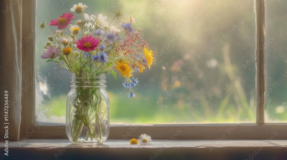 Vibrant wildflowers in a glass jar on a sunlit windowsill. Vibrant wildflowers in a glass jar on a sunlit windowsill.
