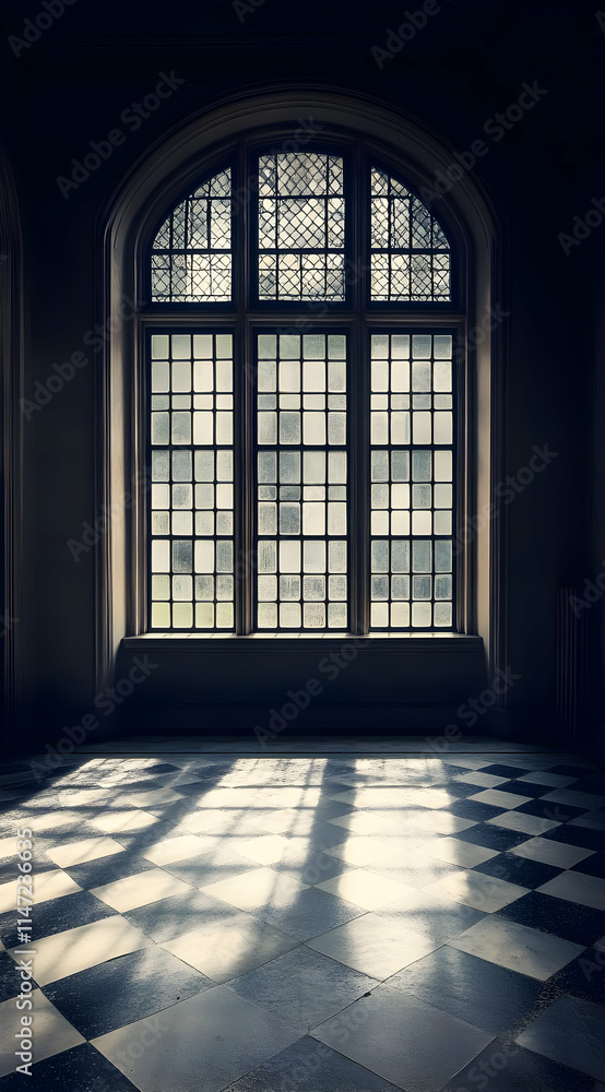 Fototapeta premium A dimly lit room featuring a large stained-glass window casting intricate shadows.