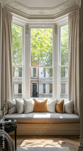 A cozy window seat with cushions, offering a view of a tree-lined street.