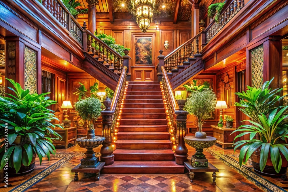 Naklejka premium Modern Thai Luxury Home Interior with Wooden Stairs - Welcoming Design