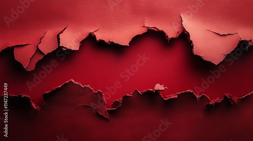 torn red paper revealing dark background, dramatic ripped edge effect, high contrast typography, paper texture detail, clean modern design, sharp text elements, professional studio lighting,