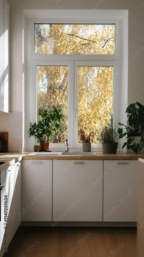 A cozy kitchen with plants and a view of autumn foliage outside the window. A cozy kitchen with plants and a view of autumn foliage outside the window.