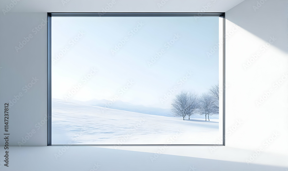 Fototapeta premium A serene winter landscape viewed through a large window, showcasing snow and bare trees.