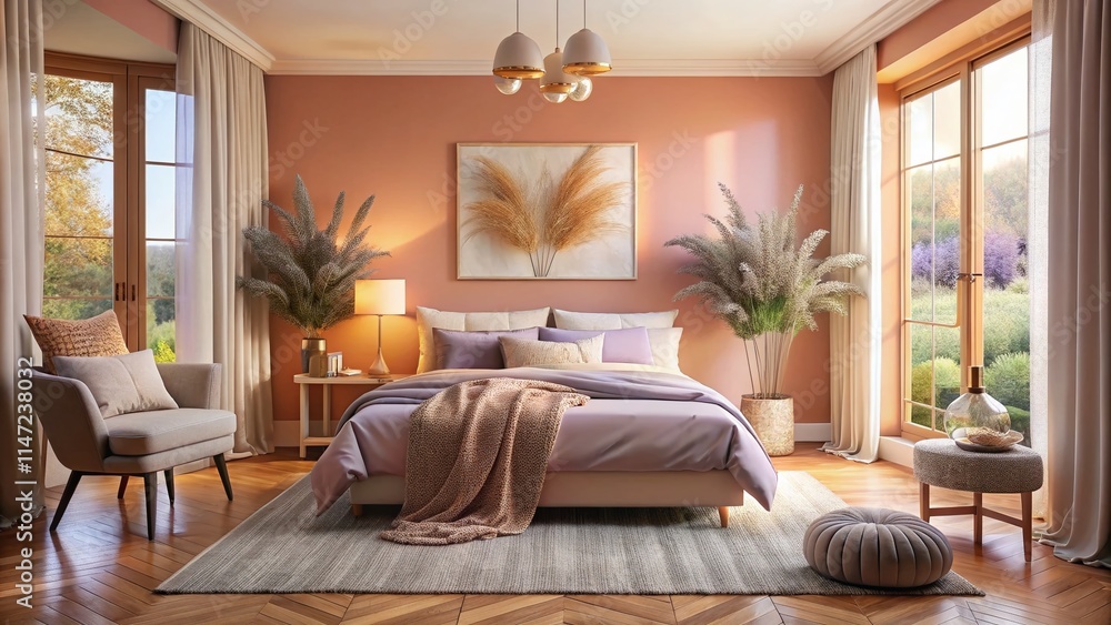 Fototapeta premium Pastel Bedroom Dreamy Ambiance AI Photo, Peach Lavender Decor