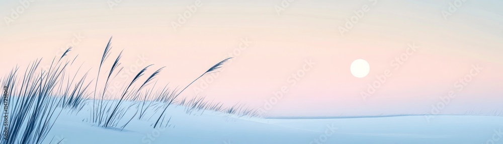 Obraz premium Serene winter landscape with tall grasses and a bright sun in the sky.
