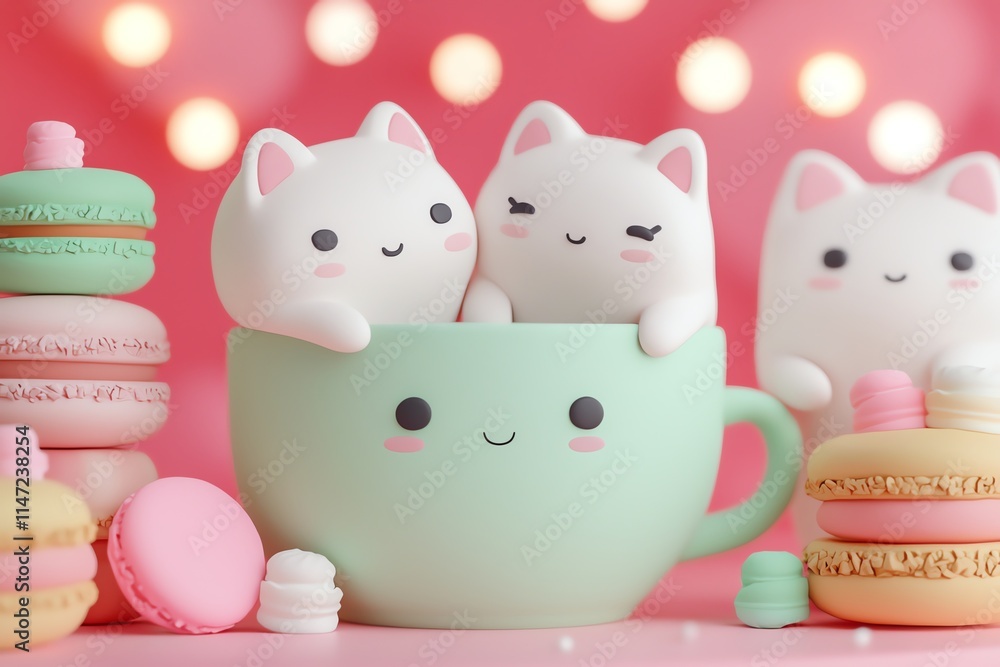 Three cute cat figurines sit in a smiling mint green cup, surrounded by colorful macarons, against a soft pink background with glowing lights.