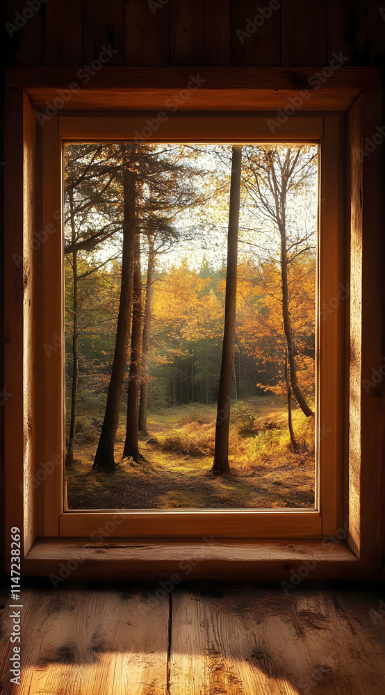 A serene autumn landscape framed by a wooden window, showcasing vibrant foliage and trees. A serene autumn landscape framed by a wooden window, showcasing vibrant foliage and trees.