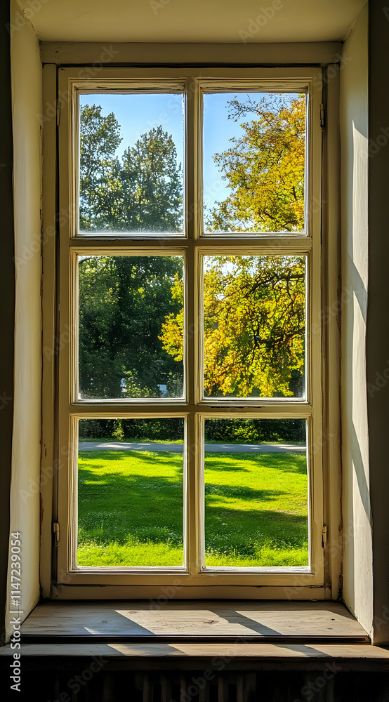 A bright window view showcasing a lush green landscape and vibrant autumn foliage. A bright window view showcasing a lush green landscape and vibrant autumn foliage.