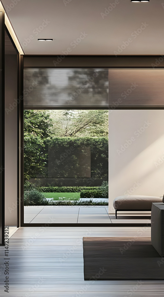 Fototapeta premium Modern interior with a view of a landscaped garden through large windows.