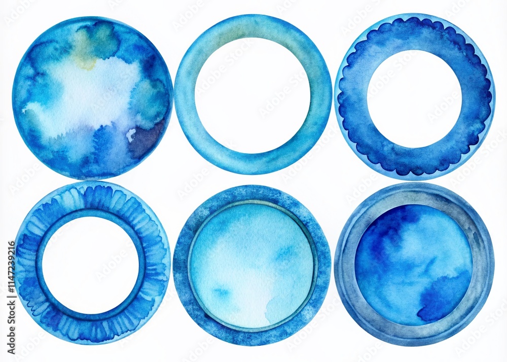 Round Watercolor Circle Frames - Blue Set - Handmade Art
