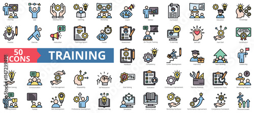 Training icon collection set. Containing development, learning, workshop, coach, mentor, curriculum, seminar icon. Simple flat outline color illustration.