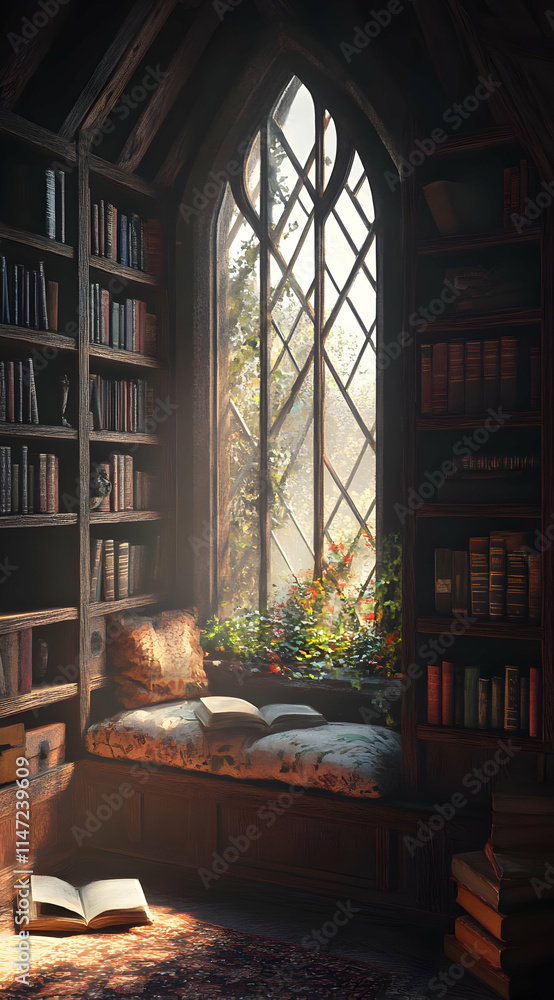 A cozy reading nook by a large window filled with sunlight and plants. A cozy reading nook by a large window filled with sunlight and plants.