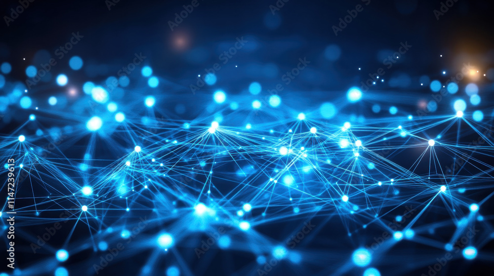 Abstract digital background with glowing connections and light particles on a blue backdrop, representing a technology or global network concept Abstract digital background with glowing connections and light particles on a blue backdrop, representing a technology or global network concept