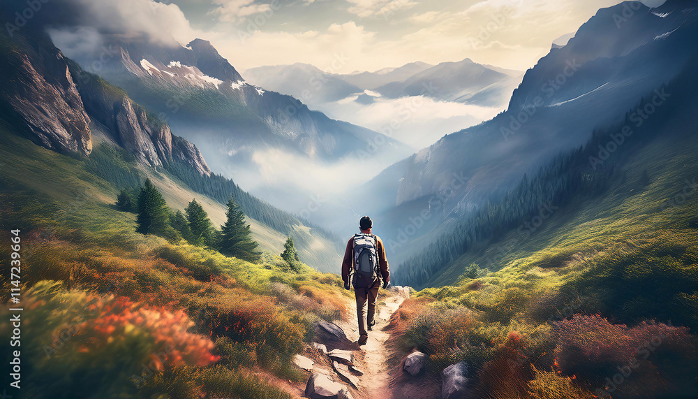 Fototapeta premium A lone hiker walks along a scenic mountain trail