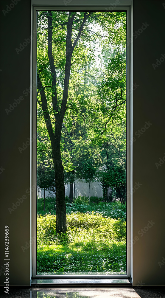 A serene view of lush greenery through a large window, inviting nature indoors. A serene view of lush greenery through a large window, inviting nature indoors.