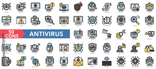 Antivirus icon collection set. Containing malware, security, trojan, spyware, firewall, scan, protection icon. Simple flat outline color illustration.