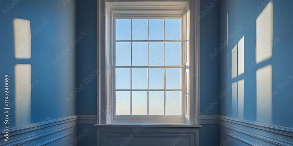 Fototapeta premium A serene blue room with a large window, illuminating the space with natural light.
