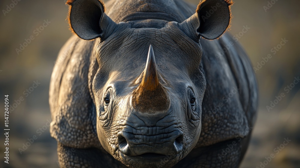 Close-up of a rhinoceros facing the camera. Close-up of a rhinoceros facing the camera.
