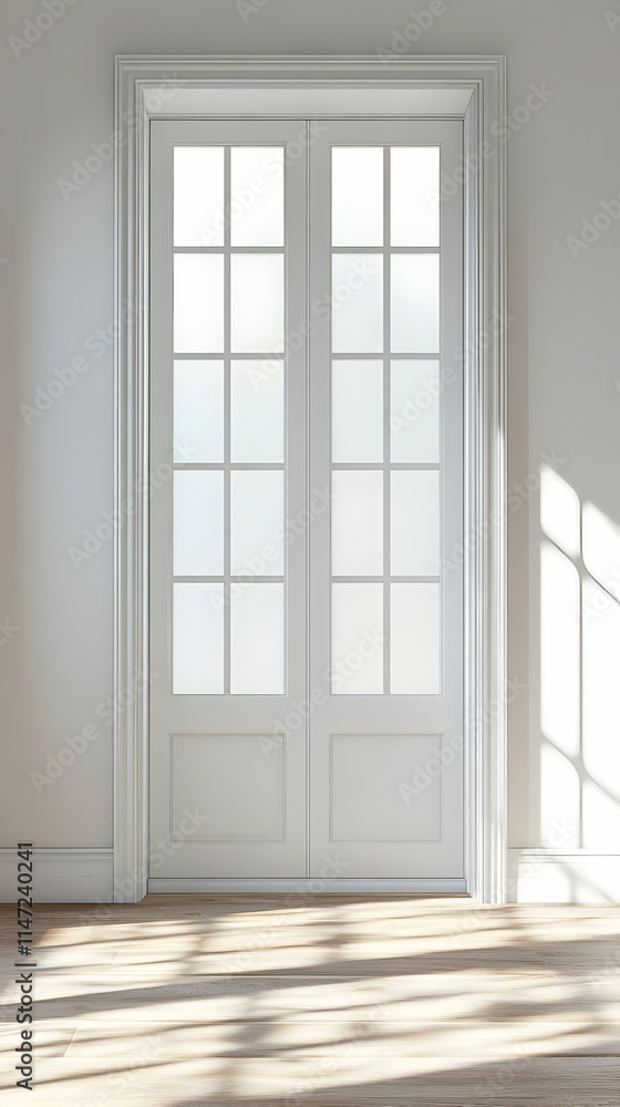A bright interior featuring a double door with glass panels and soft shadows on the floor. A bright interior featuring a double door with glass panels and soft shadows on the floor.