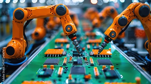 An electronics processing plant with robotic arms assembling and testing circuit boards, showcasing precision in tech manufacturing photo