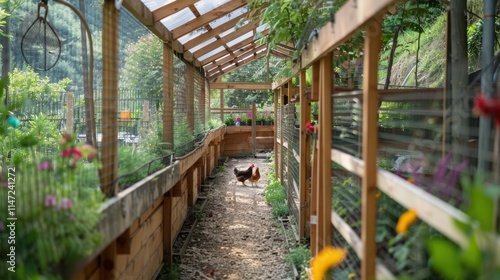 An organic chicken coop with free-range hens roaming freely, promoting animal welfare and sustainable egg production