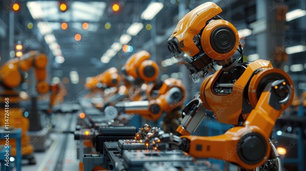 Multiple industrial robots working in sync on a factory floor, assembling complex machinery with high accuracy and speed Multiple industrial robots working in sync on a factory floor, assembling complex machinery with high accuracy and speed