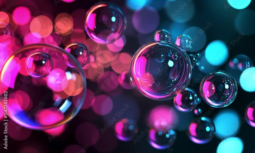 Abstract image of colorful neon bubbles floating in a dark background. The bubbles are glowing with pink and blue lights, creating a vibrant and dynamic atmosphere. Abstract image of colorful neon bubbles floating in a dark background. The bubbles are glowing with pink and blue lights, creating a vibrant and dynamic atmosphere.