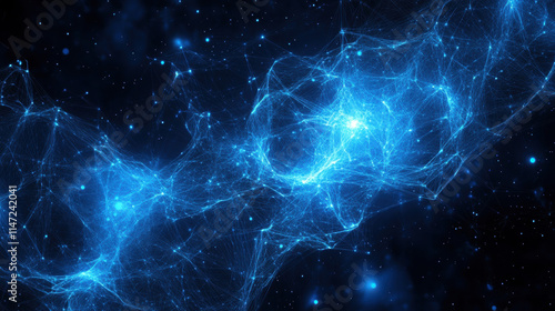 Abstract digital background with glowing connections and light particles on a blue backdrop, representing a technology or global network concept