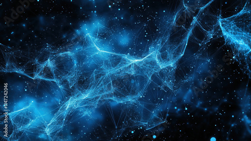 Abstract digital background with glowing connections and light particles on a blue backdrop, representing a technology or global network concept