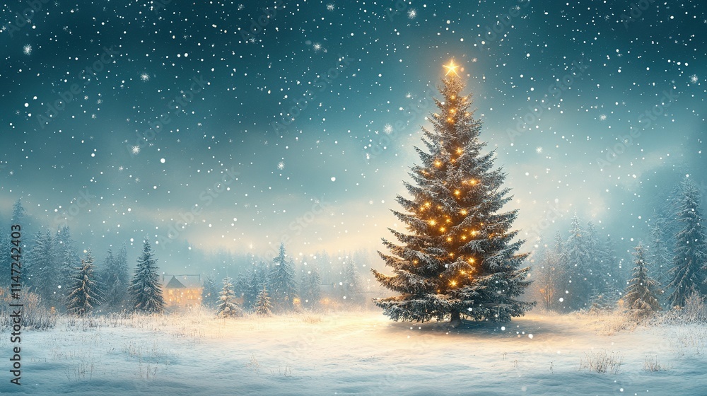 Illuminated Christmas Tree in Snowy Winter Wonderland Illuminated Christmas Tree in Snowy Winter Wonderland