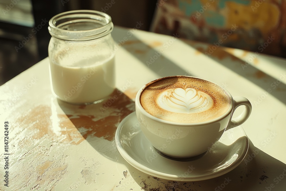 Latte art coffee cup with milk on rustic table in sunlight. Latte art coffee cup with milk on rustic table in sunlight.